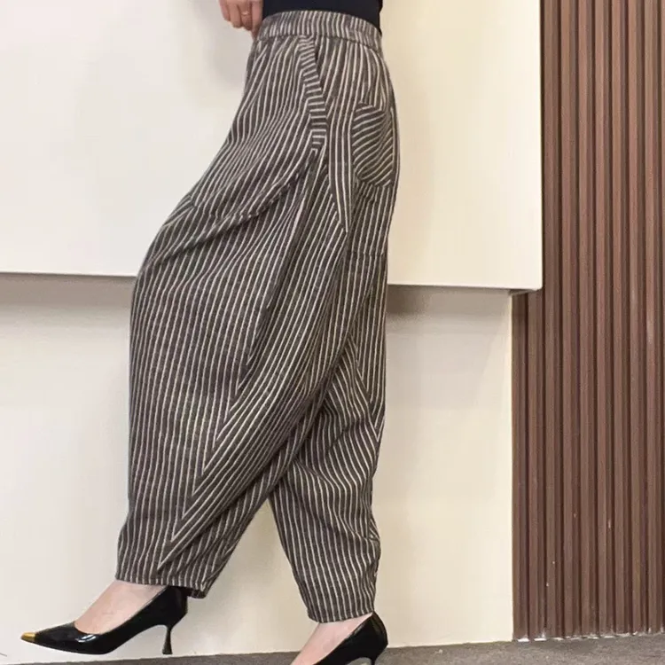 #8017秋季新款棉麻竖条纹休闲宽松大码时尚百搭洋气显瘦哈伦长裤