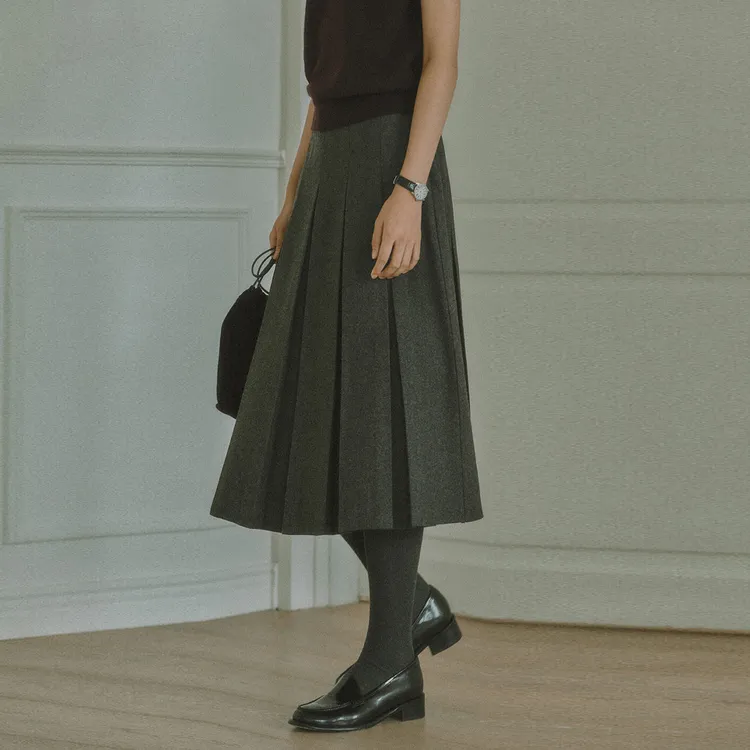 毛呢百褶裙女秋冬新款高腰褶皱a字裙小个子通勤显瘦中长款半身裙
