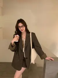 轻职风西装外套女2025秋季新款撞色设计感西装宽松复古小个子外套