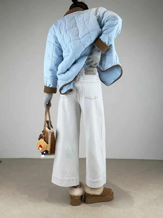 卡布68815A加绒牛仔裤女2025冬新阔腿裤BK米白色植绒九分奶奶裤