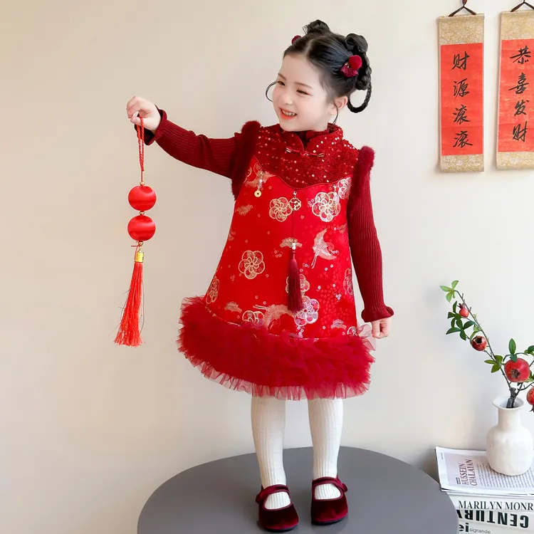 汉服女童国风网纱旗袍裙冬季2026新款儿童拜年服宝宝喜庆过年衣服