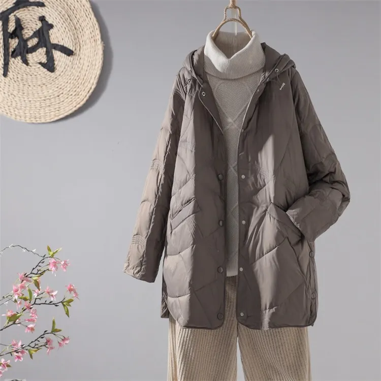 新品宽松休闲百搭轻薄中长款连帽大码女外套中长款羽绒服时尚韩版