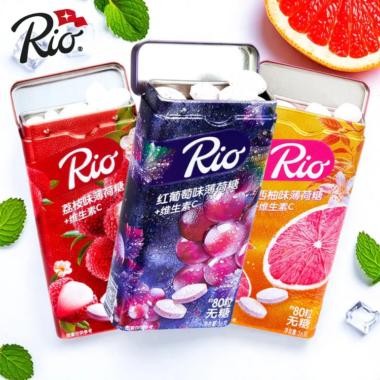Rio无糖薄荷糖36g*3盒水果糖木糖醇清口含片清新口气维C糖果零食