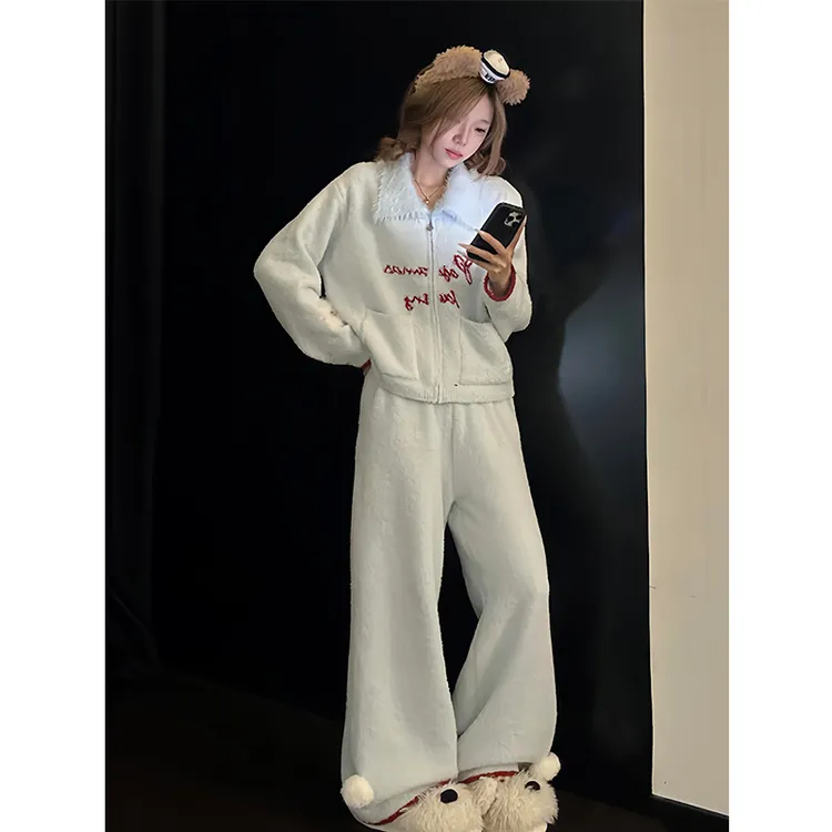 韩系甜美毛绒绒翻领半边绒睡衣女冬季保暖加厚可外穿家居服两件套