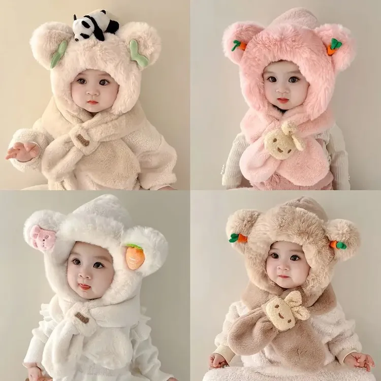 宝宝帽子秋冬款毛绒帽可爱超萌儿童围脖一体帽女孩冬季护耳帽kkk
