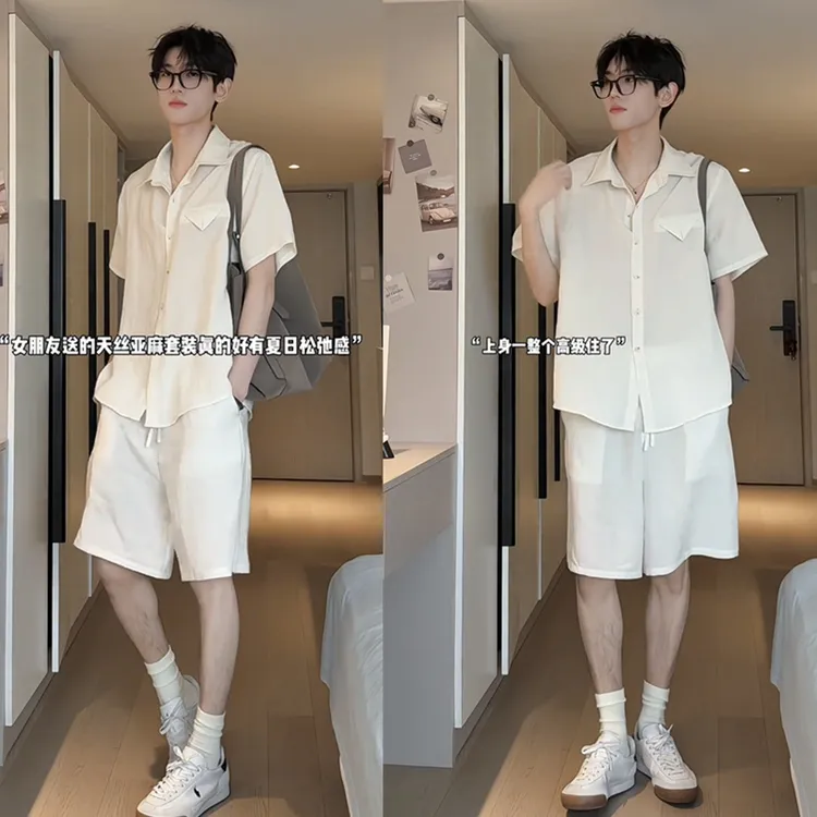 HN潮牌-【莱赛尔天丝】夏季薄款亚麻混纺透气衬衫短袖套装两件套男