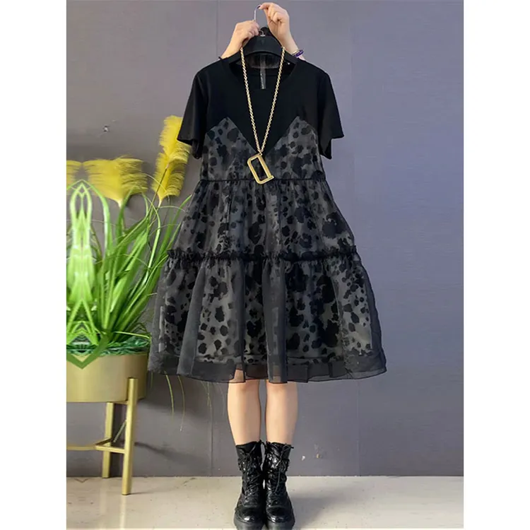 2025年春秋季新款韩流时尚大码女装显瘦宽松斑点网纱气质连衣裙潮
