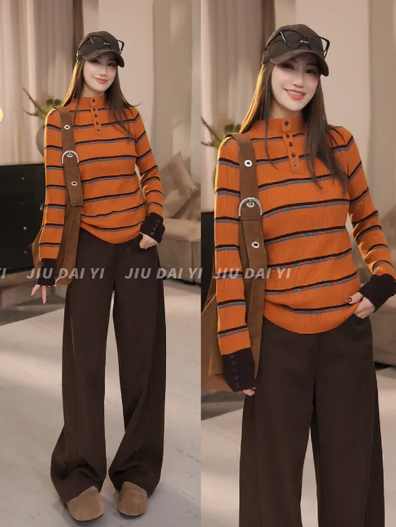 玖黛衣【条纹魅力】冬季复古厚款条纹百搭毛衣XSP46353