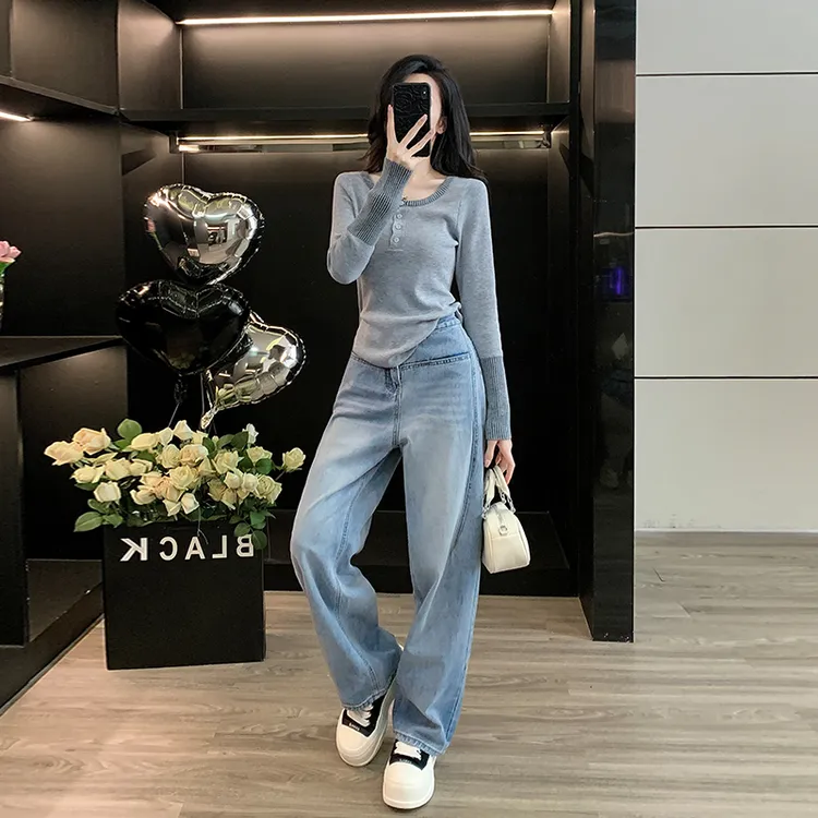 巨好看针织打底衫女内搭秋冬新款叠穿长袖T恤美式浅阔腿牛仔长裤