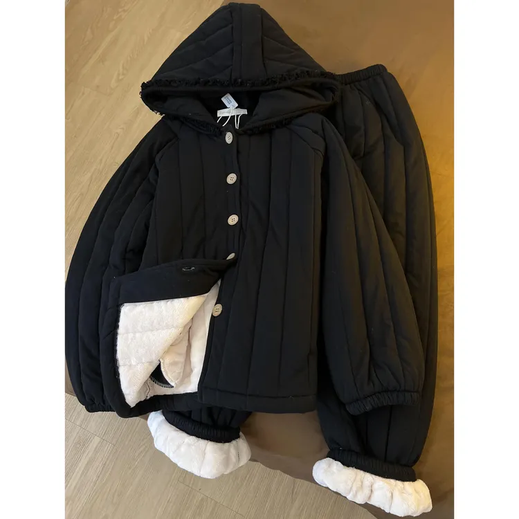 韩版三层夹棉睡衣女秋冬新款加厚黑色连帽棉服外套保暖家居服套装