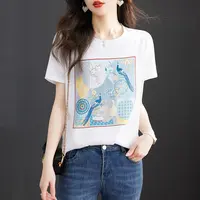 1462夏季时尚圆领短袖女显瘦气质百搭显瘦缎面拼接短袖