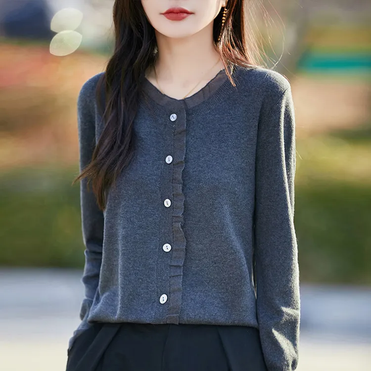 哥弟阿玛施正品羊绒开衫2025新款蕾丝边针织衫洋气女毛衣外套