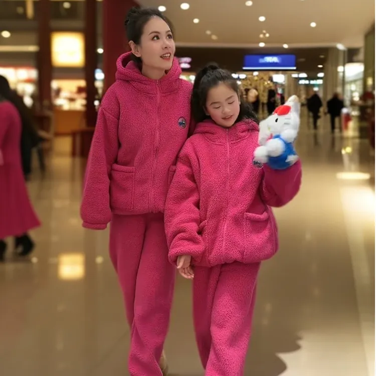 爱尔萱【亲子同款】双面摇粒绒保暖加厚睡衣套装冬季男女同款家居服