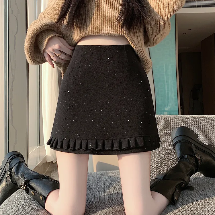 秋冬韩版亮片木耳边百褶花边毛呢半身裙女高腰时尚百搭A字短裙子