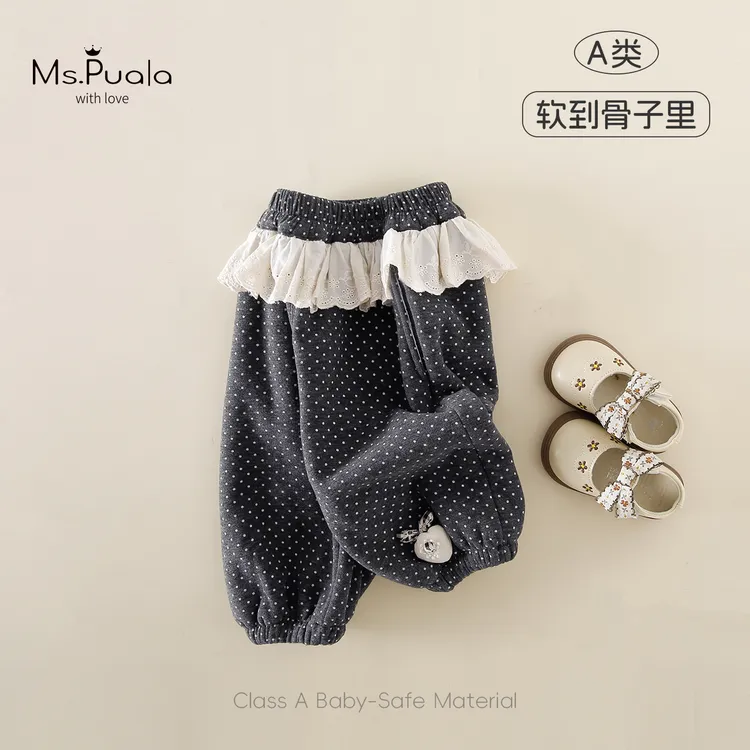 【MsPuala伯利兹】婴幼儿女童加绒裤子冬款波点束脚长裤儿童休闲裤