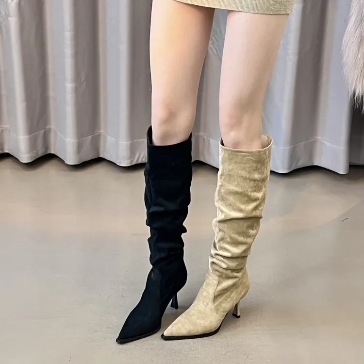 6厘米绒面辣妹堆堆靴一靴两穿粗跟中筒靴长筒靴不累脚百搭靴子女
