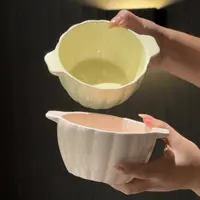 南瓜立体双耳陶瓷汤碗 两个装 混色少女心家用餐具奶油风甜品碗 