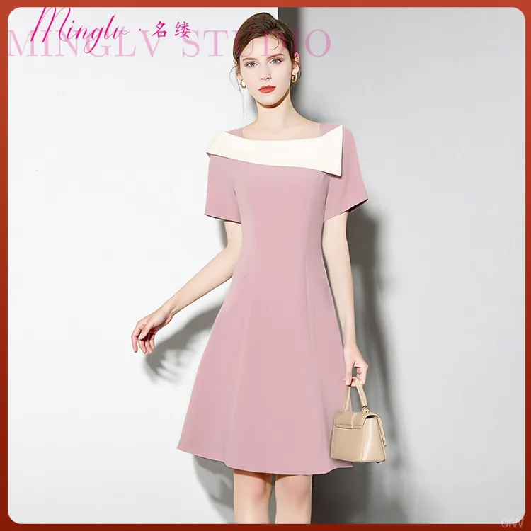 时尚中长款a字裙夏季女装名缕连衣裙女子2025拼接新款撞色女方领