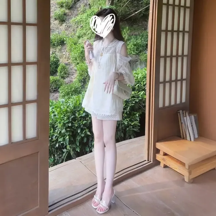 蕾丝刺绣新中式国风露肩上衣阔腿短裤套装设计感甜美洋气两件套女