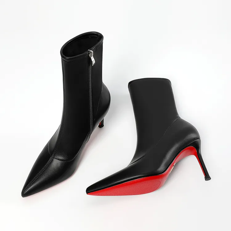 黑色皮面红底尖头细跟2025年秋冬弹力拉链瘦瘦靴气质高跟短靴袜靴