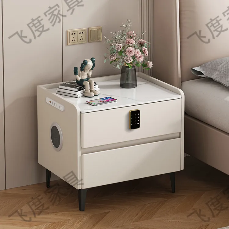 实木多功能床头柜岩板边柜蓝牙音响指纹锁密码锁免拉手皮革小柜子