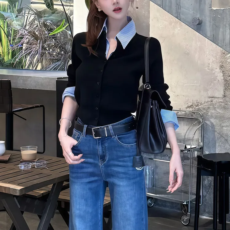 时尚洋气衬衫领拼接假两件针织衫女装2025秋季新款单排扣显瘦上衣