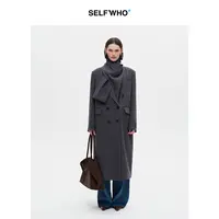 SELFWHO羊毛混纺双排扣围巾领毛呢大衣女2025冬季新款中长款外套