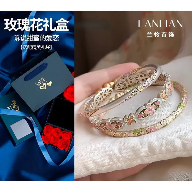 925银手镯 专柜手工珐琅彩繁花手镯女宫廷风复古精致气质时尚镯子