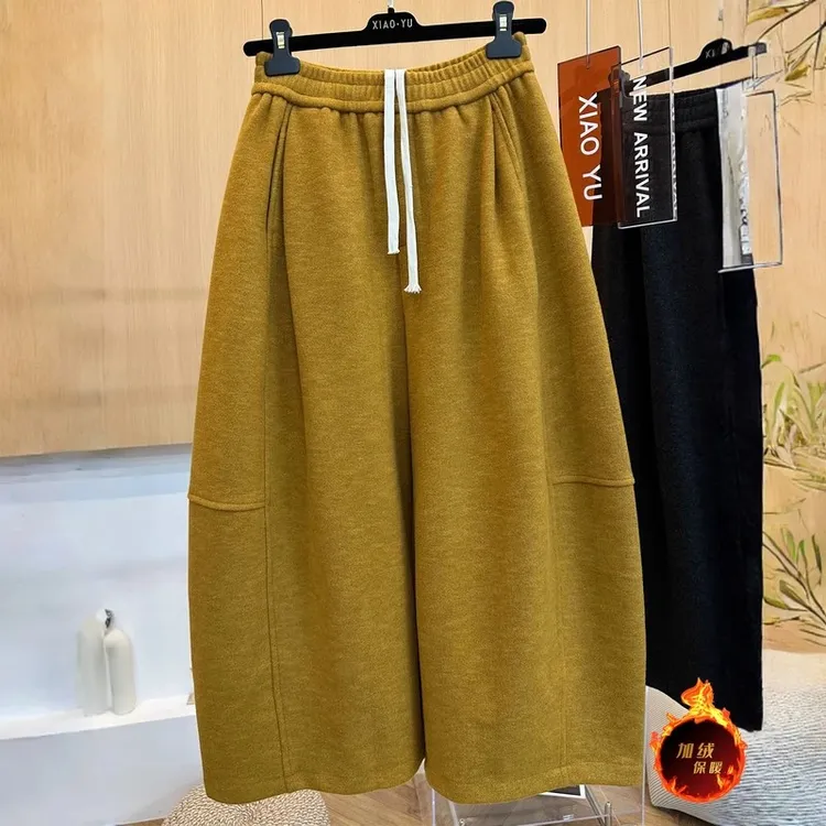 高端欧货秋冬新款高级感时尚加绒加厚高腰显瘦宽松毛呢阔腿八分裤