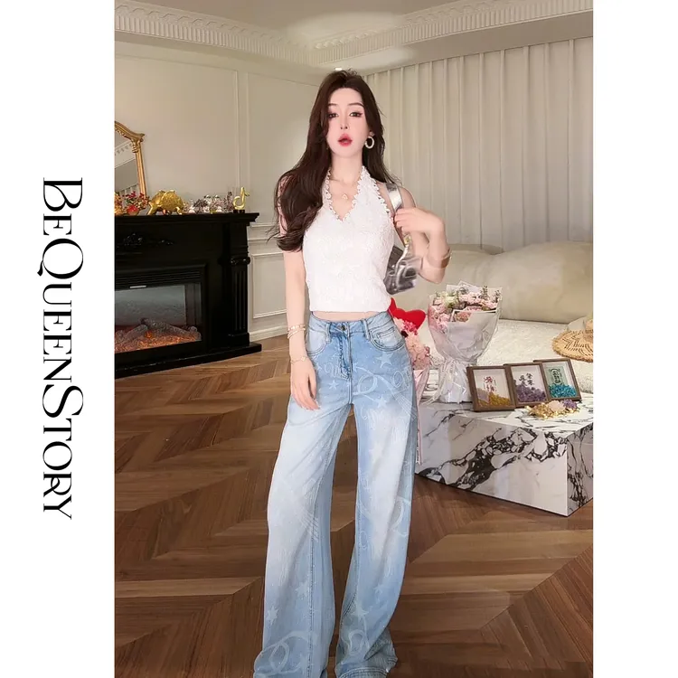 余潇潇【艺术畅想】激光烧印烫钻显瘦百搭直筒牛仔裤2025