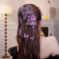 柒里沐早秋流光风发夹手工印花蝴蝶流苏国风鲨鱼夹设计新中式发饰