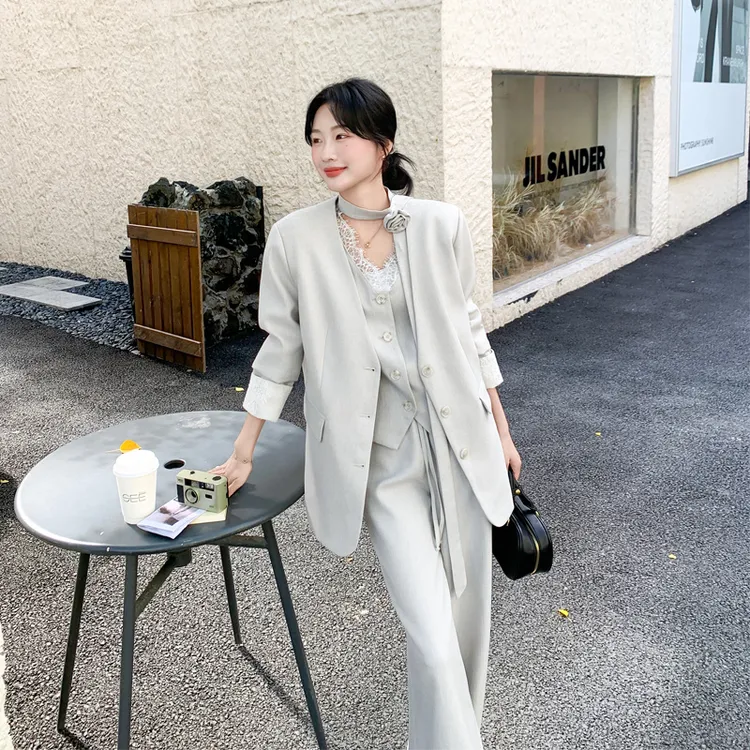 极简风韩系ins套装裤2025春秋新款飘带西装蕾丝马甲阔腿裤三件套