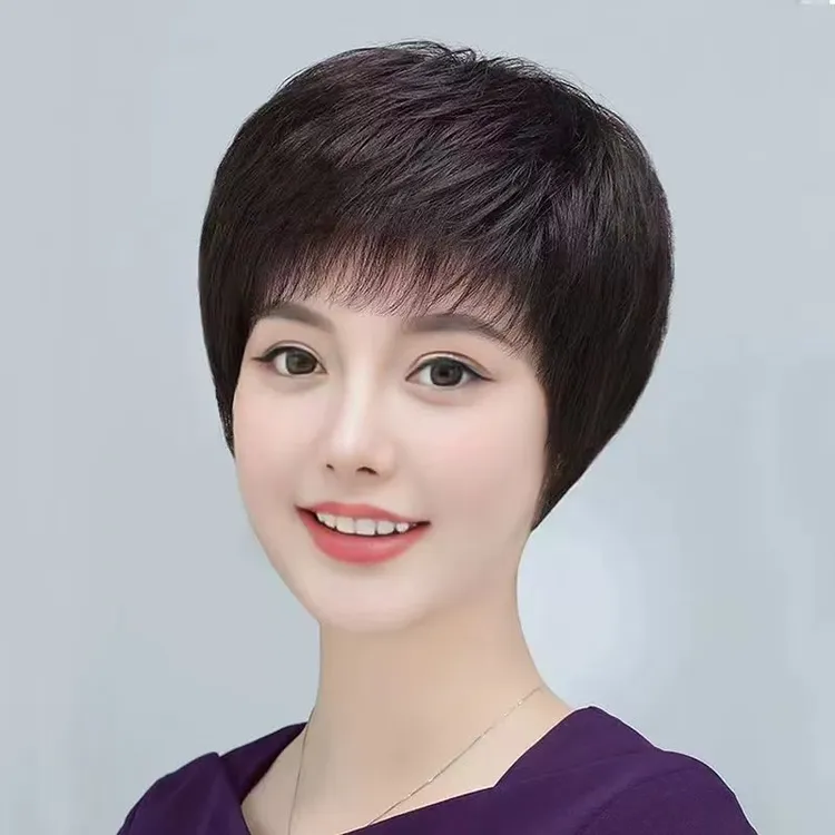 中老年女士短直发全头套夏轻薄透气自然蓬松遮白发减龄显年轻干练