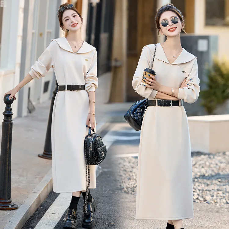 时尚轻职风H型裙连衣裙女2025春秋收腰显瘦气质长袖洋气休闲翻领