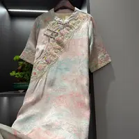 【春日絮语】中式复古斜襟绣花传统晕染粉改良夏季气质连衣裙3968