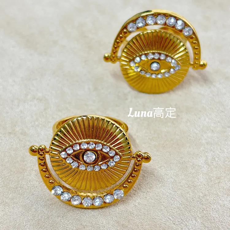 铜合金合成锆石戒指 Luna定制0519眼睛款复古个性百搭开口戒指