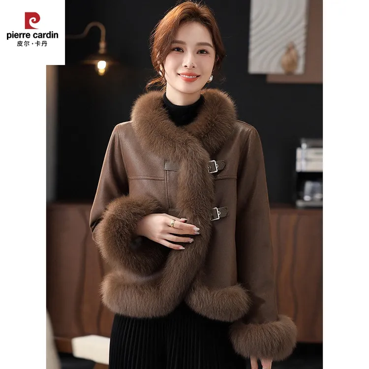 皮尔卡丹冬季毛领保暖真绒服中古风高级感环保仿皮草大衣女气质百