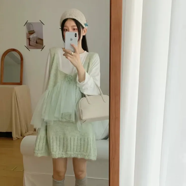 高级感网纱拼接针织女早秋超仙背心上衣短裙两件套女