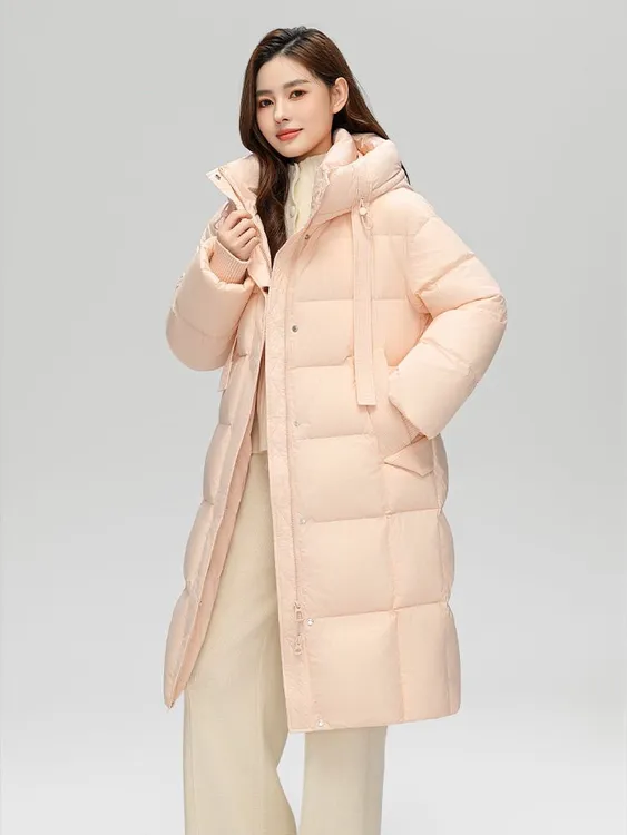 高品质量2025新款连帽90鸭绒加厚羽绒服女中长款宽松保暖外套
