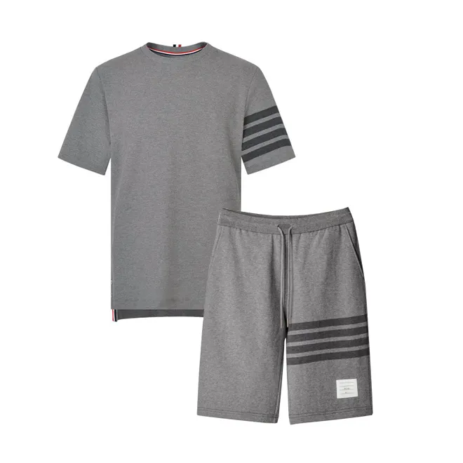 夏季毛圈五分裤四条杠全棉短裤休闲百搭珠地棉T恤套装男女款潮