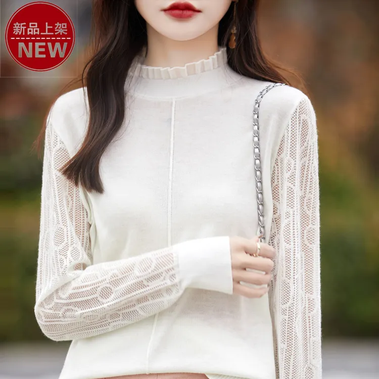 哥弟阿玛施正品轻奢蕾丝半高领时尚镂空长袖休闲百搭气质针织衫女