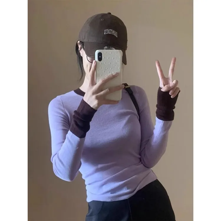 多巴胺紫色内搭打底衫女秋冬圆领套头短款毛衣修身撞色针织衫上衣
