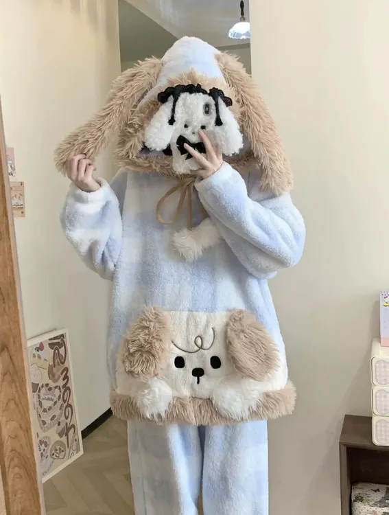 【皱眉小狗】大耳朵连帽睡衣女冬季日系ins可爱加绒保暖外穿家居服