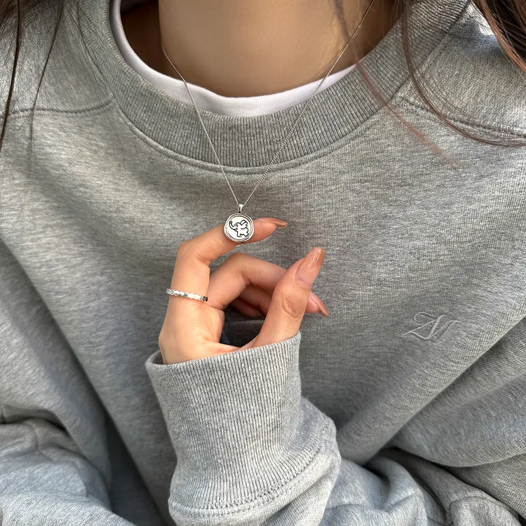 坠链均925银 项链女圆牌小飞象法式复古小众毛衣链卫衣链吊坠颈链