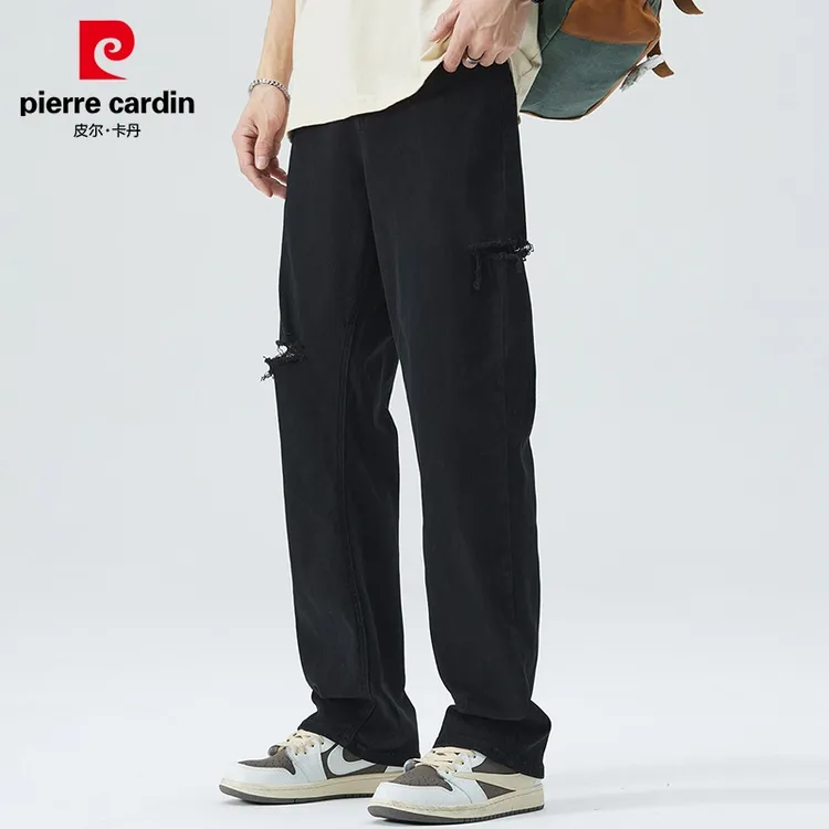 皮尔卡丹破洞牛仔裤男士夏季薄款美式高街直筒裤潮牌痞帅长裤子男