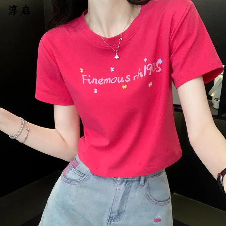 淳启紧身短款露脐短袖体恤女夏季新款简约百搭修身瘦辣妹半袖上衣