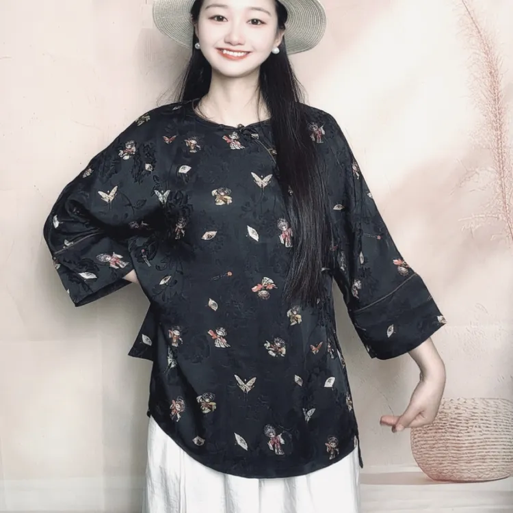 【穆桂英】新中式国风气质高定宽松缎面提花香云纱中袖上衣衬衫女