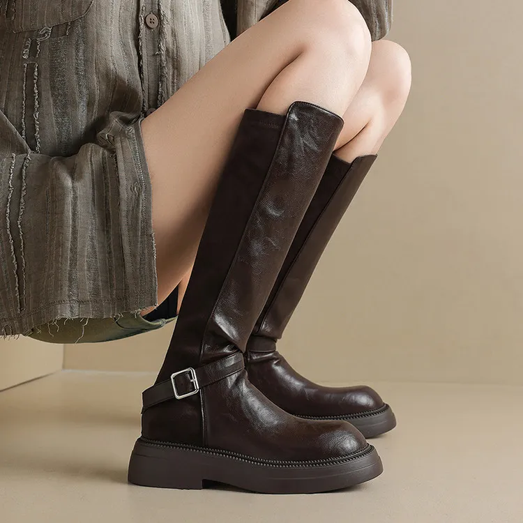 学院平底厚底秋冬皮靴棕色靴子高筒女骑士靴马靴弹力靴大码女靴YM