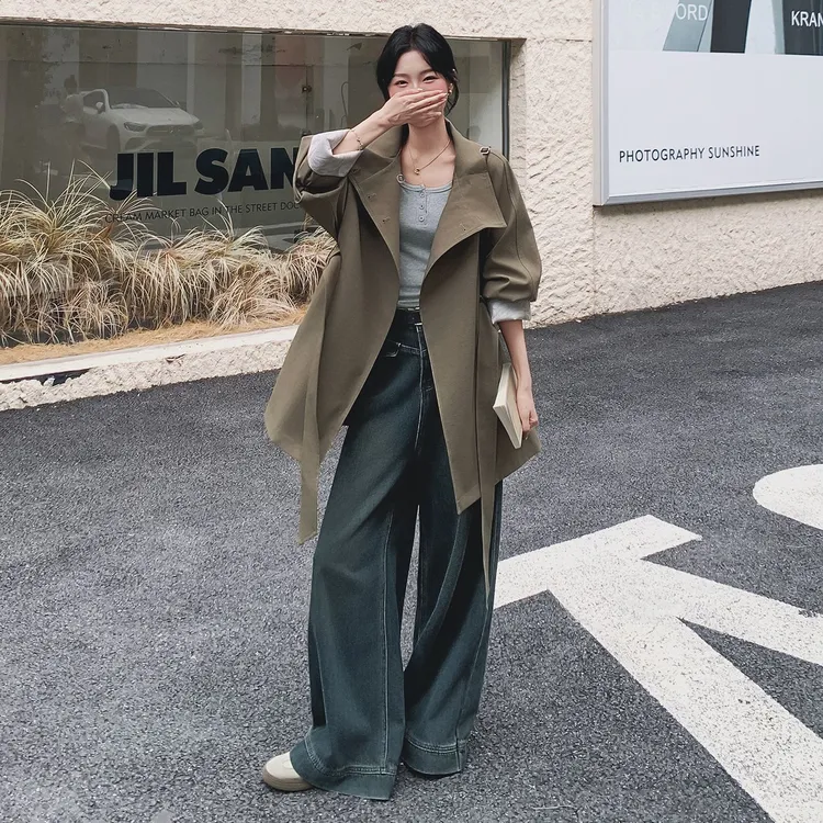 深绿色复古短款立领风衣外套女2025秋季小个子气质时尚中长款大衣