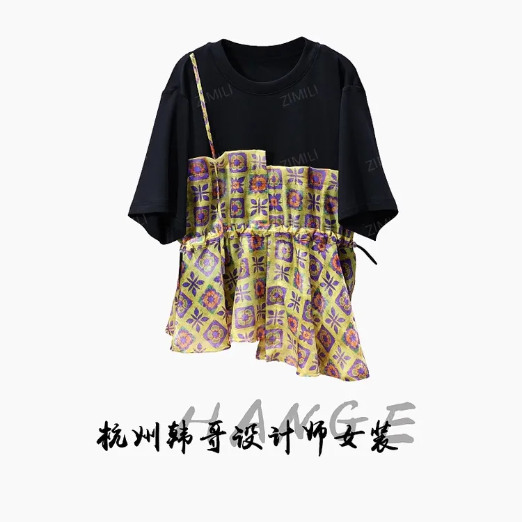 【韩哥女装】2025欧货设计师高定系列耀夜黑拼接印花网纱短袖9189